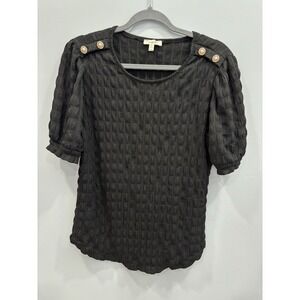 Como Blu Women's Textured Black Puff Sleeve Blouse Button Detail Size Medium
